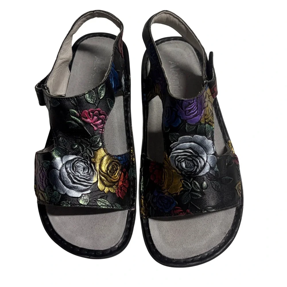 Alegria Black Metallic Floral Leather Sandals 9.5 Boho Whimsigoth Festival Art